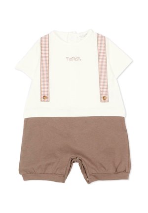 Tutina neonato a manica corta con parte superiore color crema, parte inferiore marrone, bretelle a quadretti, ricamo sul davanti e bottoni a pressione nella cucitura interna per un cambio facile.