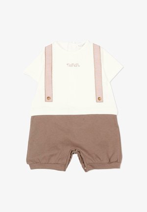 Babyromper met korte mouwen, crème bovenstuk, bruine onderkant, geruite bretels, borduursel voorop en drukknoopjes in het kruis voor makkelijk verschonen.