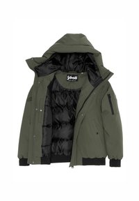 Olīvu zaļš parka mētelis ar noņemamu kapuci, melna quilted odere, priekšējais rāvējslēdzis un vairāki uzglabāšanas kabati. Mīksts ārējā auduma tekstūra.