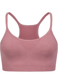 Roze sportbeha met een strakke, naadloze ontwerpen. Voorzien van verstelbare dunne bandjes en een brede onderband voor ondersteuning. Glad textuur.
