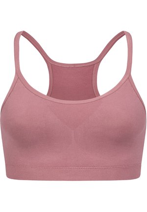 Roze sportbeha met een strakke, naadloze ontwerpen. Voorzien van verstelbare dunne bandjes en een brede onderband voor ondersteuning. Glad textuur.