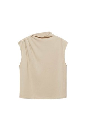 Beige short-sleeve top with a draped collar, soft texture, and a relaxed fit. No visible patterns or hardware details.
