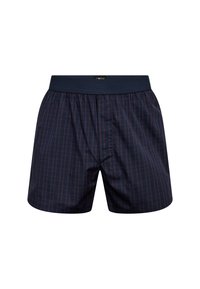 Námořnické modré boxerky s červenými a bílými svislými pruhy, vyrobené z bavlny, se elastickým pasem a volným střihem.