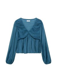 Blusa lunga teal a maniche lunghe con scollatura a V, dettagli arricciati sul petto e vita arricciata. Tessuto morbido con una finitura leggermente trasparente.