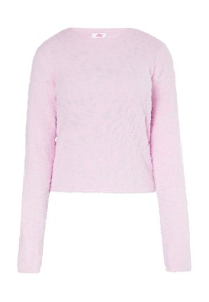 Lyserød, fluffy crew neck sweater med lange ærmer og cropped design. Blød tekstur, minimal syning, og label ved halsudskæringen.