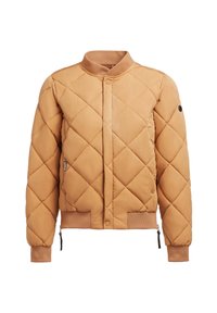 Veste bomber matelassée couleur fauve avec fermeture à boutons-pression, col, poignets et ourlet côtelés, et poches latérales zippées.