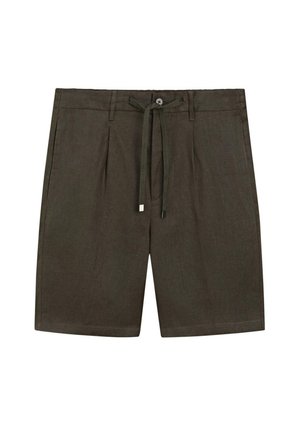 Shorts brun foncé jusqu'aux genoux avec plis à l'avant, fermeture par bouton, passants pour ceinture et cordon de serrage réglable à la taille.