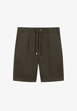 Shorts brun foncé jusqu'aux genoux avec plis à l'avant, fermeture par bouton, passants pour ceinture et cordon de serrage réglable à la taille.