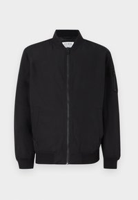 Black bomber jacket with zip closure, ribbed cuffs and hem, side pockets, and a sleeve pocket. Made from smooth, lightweight fabric.