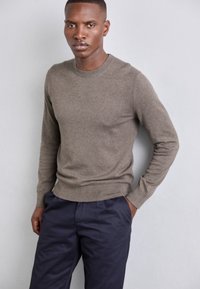 Brun strikket genser med rund hals, tettsittende ermer og glatt tekstur, kombinert med mørk marineblå bukser. Enkelt design, uten synlige mønstre.