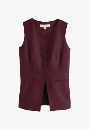Bordowa lniana kamizelka bez rękawów z dekoltem w serek, sześcioma czarnymi guzikami z przodu i dwoma małymi przednimi kieszeniami.