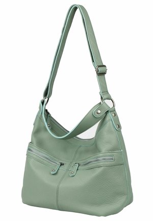 Sac à épaule en cuir vert clair avec bandoulière réglable, deux poches zippées à l'avant et des détails en métal argenté.