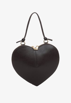 Zwarte handtas in de vorm van een hart, gemaakt van textuurleer, met een gouden rits, een korte schouderband en gestikte details aan de onderkant.