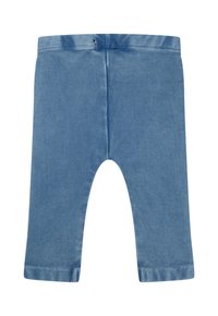 Denimblauwe leggings met een elastische tailleband, met een gladde textuur en rechte snit. Geen zichtbare zakken of decoratieve elementen.