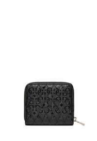 Portafoglio nero con zip, caratterizzato da un motivo testurizzato con design a diamante e accenti lucidi. Realizzato in materiale resistente.