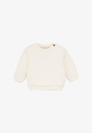 Lichtcrème gewatteerde sweatshirt met geribbelde manchetten en zoom. Voorzien van een ronde halslijn en een knoopdetail op de schouder.