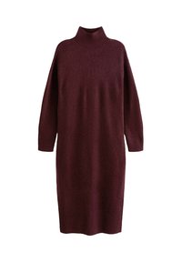 Vestito a maglia lungo fino al ginocchio, di colore bordeaux scuro, con maniche lunghe, alto colletto a costine e polsini e orlo a costine.