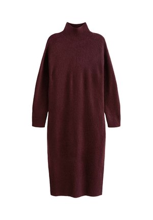 Langzaam, knielang, donker bordeaux gebreid sweaterjurk met hoge geribbelde kraag en geribbelde manchetten en zoom.
