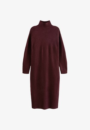 Langärmliges, knielanges, dunkelburgunderfarbenes Strickkleid mit hohem Rippkragen sowie Rippbündchen und -saum.