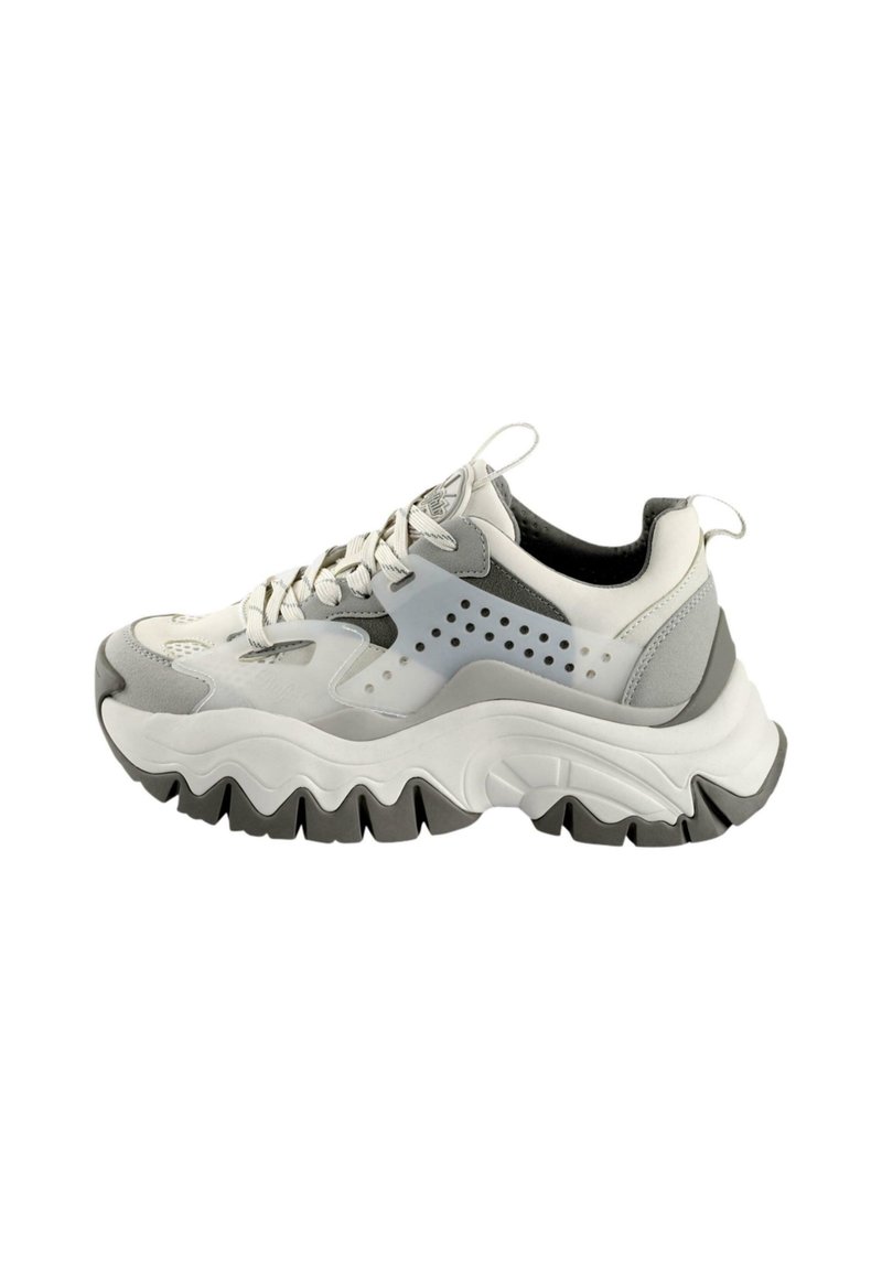 Grey and white athletic shoe with a chunky sole, textured upper, perforated accents, and contrasting laces. Features a stylized design.