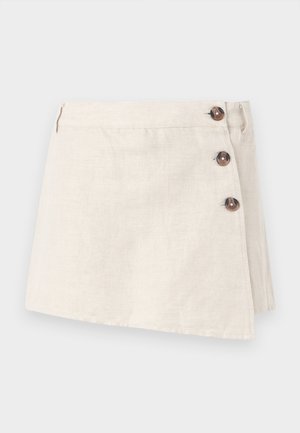 Beige Leinenrock mit Wickeldesign, ausgestattet mit drei braunen Knöpfen an der Seite und einer leicht strukturierten Stoffoberfläche.