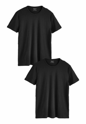 Camisetas negras de cuello redondo, de manga corta, hechas de algodón. Textura suave sin patrones ni acentos, exhibidas en posición apilada.