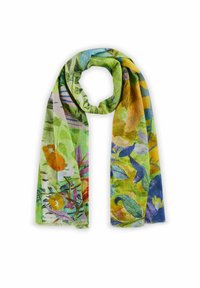 Écharpe en tissu léger présentant un motif floral et de feuilles multicolore en vert, jaune, orange et bleu, avec des bords effilochés.