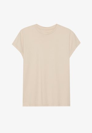 Beige rövidujjú póló, puha anyagból készült, kerek nyakkal és laza szabással. Simább textúra, látható minták vagy kiegészítők nélkül.