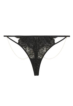 String noir en dentelle avec motifs floraux et fines chaînes dorées attachées sur les côtés, présenté sur un fond blanc.