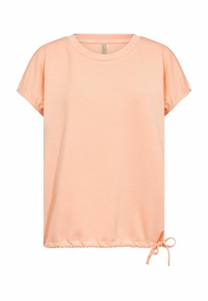 Top pesca chiaro a maniche corte con scollo rotondo e coulisse regolabile annodata a fiocco sull'orlo inferiore destro.