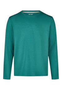 Langarmig teal shirt gemaakt van zachte stof met een ronde halslijn. Voorzien van een label met het woord "HAPPY" aan de binnenkant. Gladde textuur en eenvoudig ontwerp.