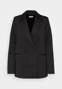 Svart dubbelknäppt kavaj med slät tyg, sneddade slag, två framfickor och en skräddarsydd passform. Minimalistisk design, inga synliga mönster.