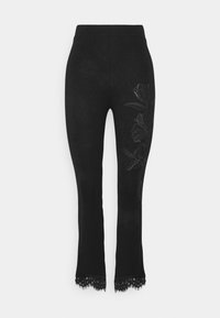 Zwarte leggings met een strakke pasvorm, voorzien van bloemenborduursel aan één kant en kantafwerking aan de onderkant. Zacht, rekbaar materiaal.