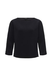 Haut noir côtelé avec un col rond et des manches trois-quarts. Texture lisse et coupe décontractée, detailing minimal.