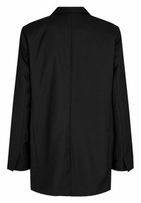 Zwarte blazer met een op maat gemaakt ontwerp, brede revers en lange mouwen. Heeft een rechte achterkant zonder zakken of accenten. Gladde, gestructureerde stof.
