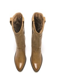 Stivali ankle in pelle marrone con punta affusolata, cuciture decorative e linguette di estrazione nella parte superiore. Finitura liscia con un interno opaco.