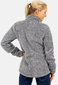 Gray plush fleece jacket with a high collar, long sleeves, and a relaxed fit, featuring a textured surface and a belted waist detail.