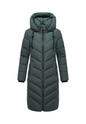 Grüne Daunenjacke mit langem Design, Chevron-Steppung, Kordelzugkapuze und Reißverschluss. Mit schwarzen Akzenten und Seitentaschen.