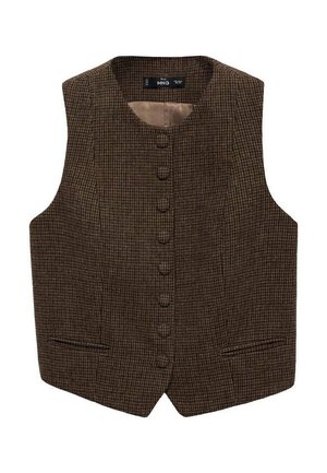 Gilet à motif pied-de-poule marron avec un col rond, six boutons sur le devant et deux poches latérales. Tissu texturé avec une coupe ajustée.