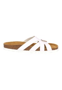 Sandalia blanca con múltiples correas cruzadas, plantillas de corcho y suela de goma blanca texturizada. Presenta un detalle de hebilla plateada.