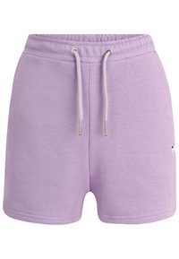 Shorts en coton lilas avec une taille élastique équipée de cordons blancs à embouts métalliques, comportant un petit logo partiel sur le côté droit.