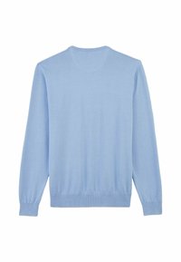 Pull-over long en bleu clair avec un col rond. Fabriqué en maille lisse, il dispose de poignets et d'une taille côtelés. Vue arrière uniquement.
