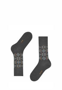 Grau gemusterte Socken mit geometrischen Designs in hellblauen und orangefarbenen Akzenten. Hergestellt aus einem Textil mit glatter Oberfläche.