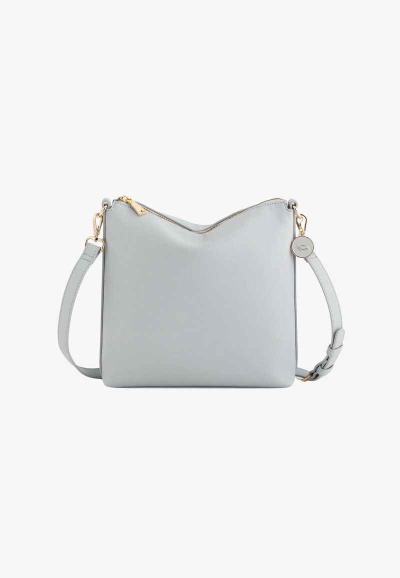 Harmaa keinonahkainen olkalaukku, jossa on vetoketjusuljenta, kultasävyinen sisustus ja irrotettava hihna. Sujuva pinta minimalistisella muotoilulla.