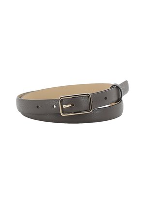Dark gray narrow leather belt with rectangular silver buckle and multiple adjustment holes, coiled on a white background.