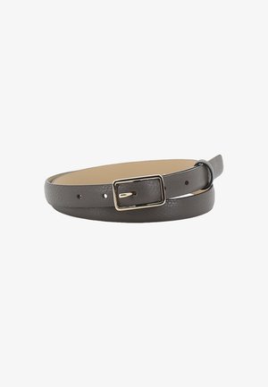 Dark gray narrow leather belt with rectangular silver buckle and multiple adjustment holes, coiled on a white background.