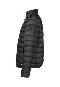 Zwarte donsjack met horizontaal gestikt patroon, hoge kraag en een ronde logopatch op de schouder. Lichtgewicht, glanzende stof.