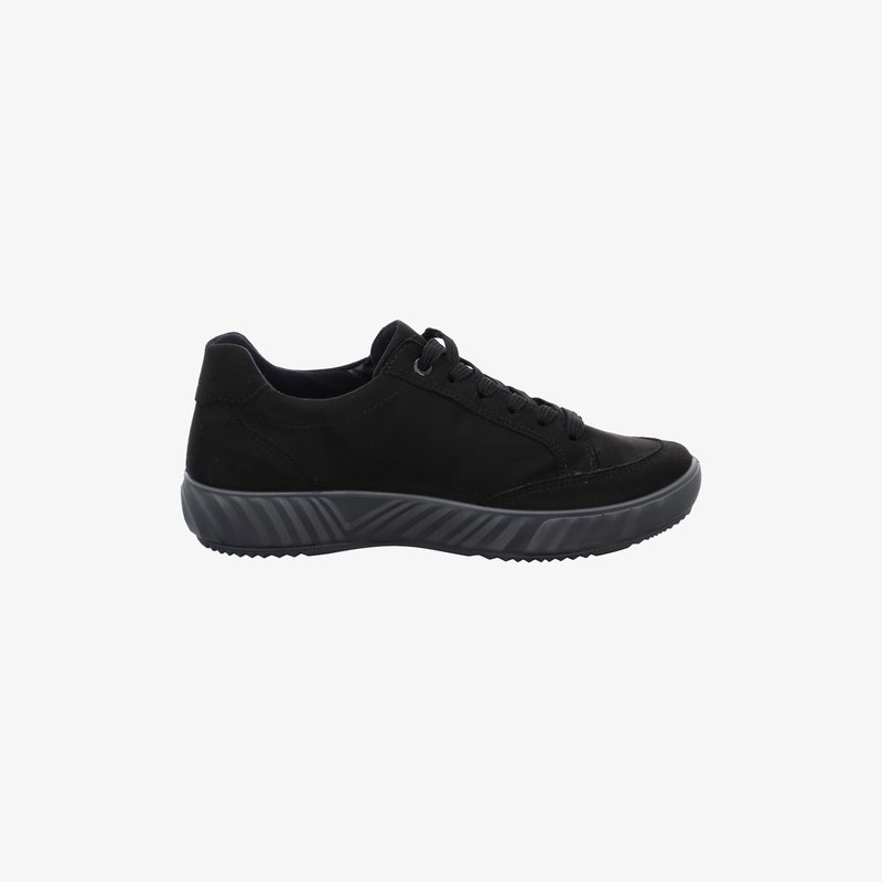Black low-top sneaker with lace-up design and textured gray sole, shown from the side on a white background.