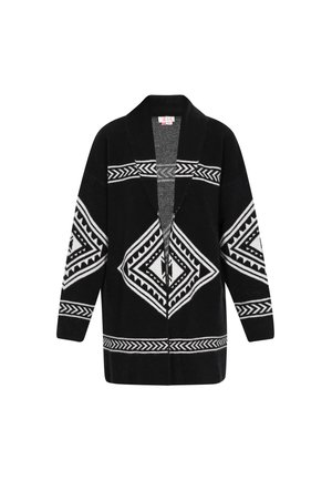 Cardigan nero con motivi geometrici bianchi, apertura frontale, maniche lunghe e colletto scialle. Realizzato in tessuto testurizzato, con accenti a contrasto.