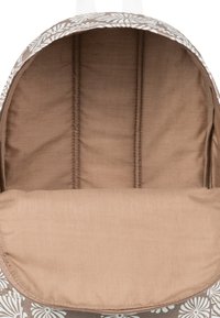 Brown floral-patterned backpack with a textured fabric exterior and a smooth, tan interior. Features padded compartment dividers.